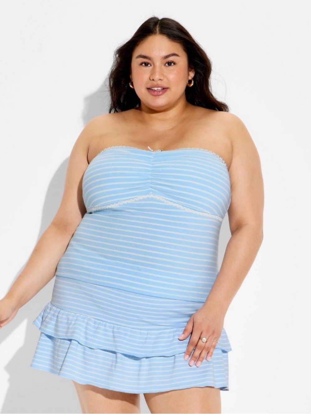 Wild Fable Light Blue White Striped Lace Ruched Sweetheart Tube Top XXXL